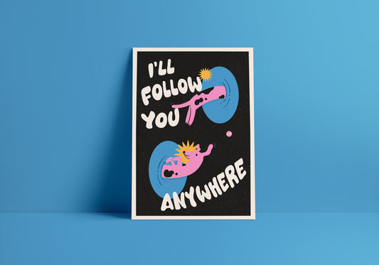 a dog going through portals in space minimalist cute design